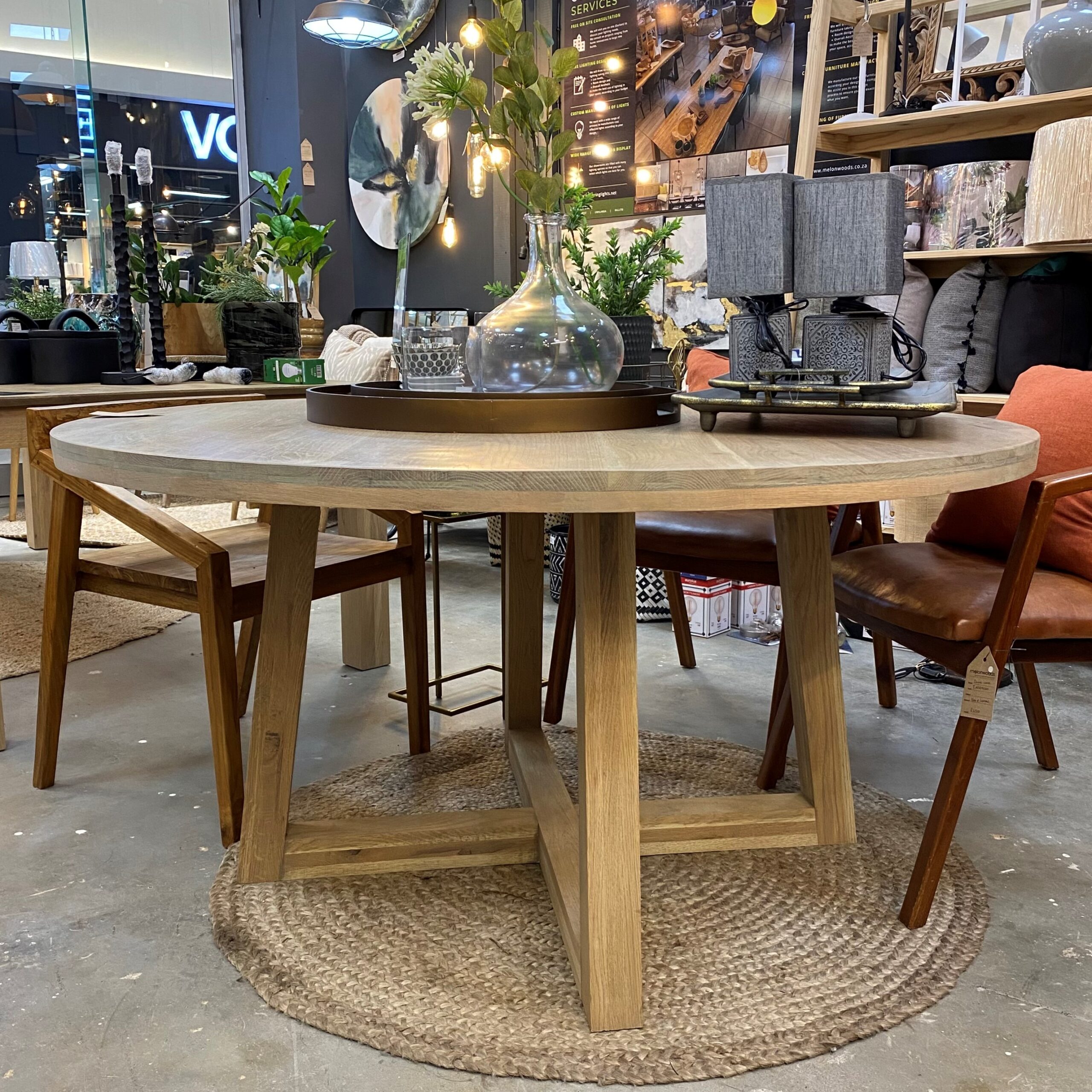 Round X leg dining table (120cm: 6 seater) oak smoke stain 